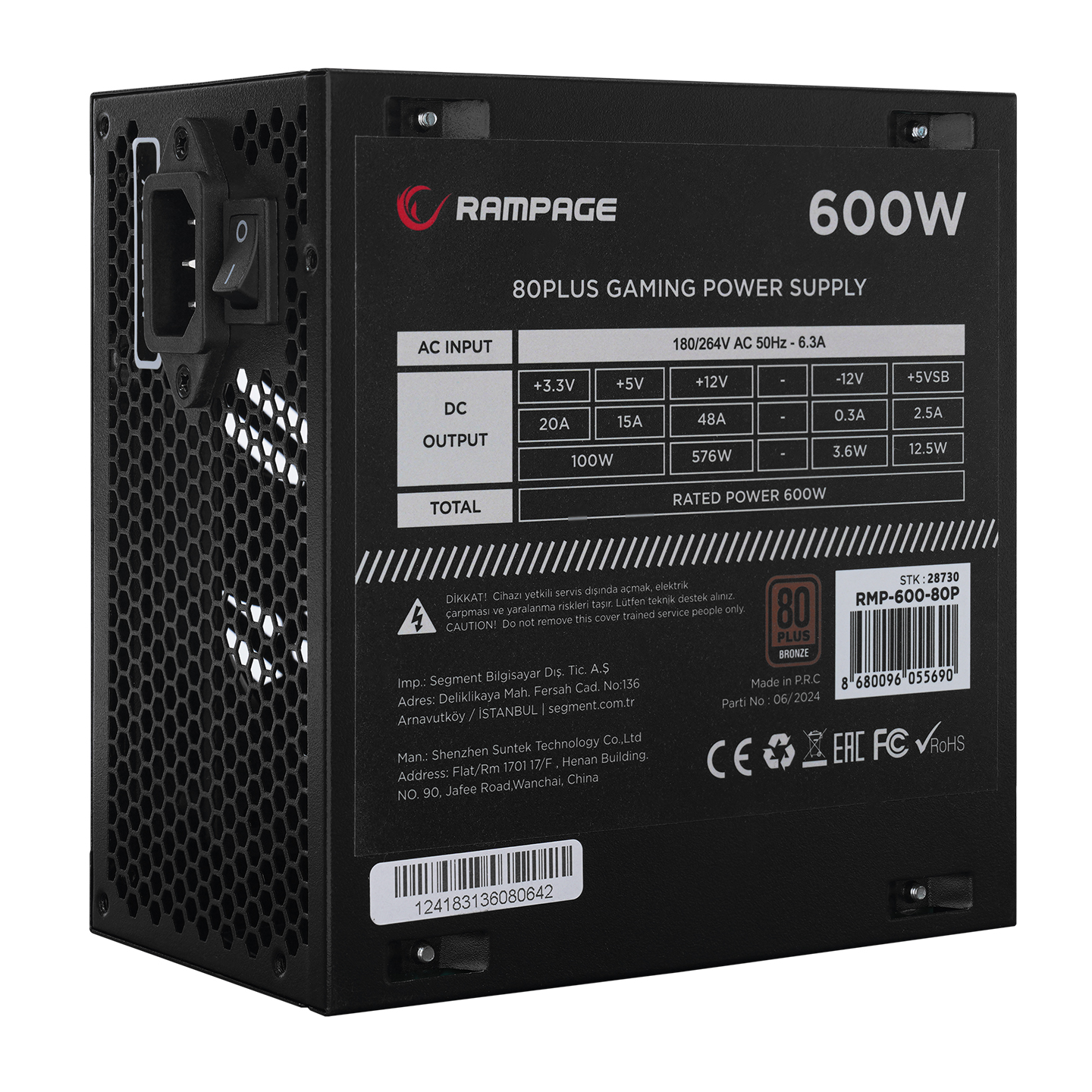 Rampage RMP-600-80P 600W 80Plus Bronze 12cm Fan Aktif PFC Power Supply