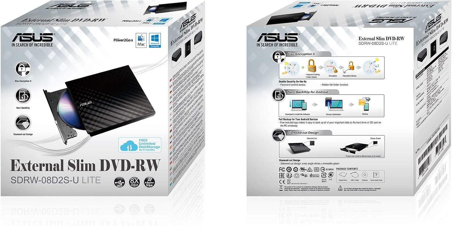Asus SDRW-08D2S-U USB Bağlantılı Harici Ultra Slim DVD Yazıcı, Beyaz