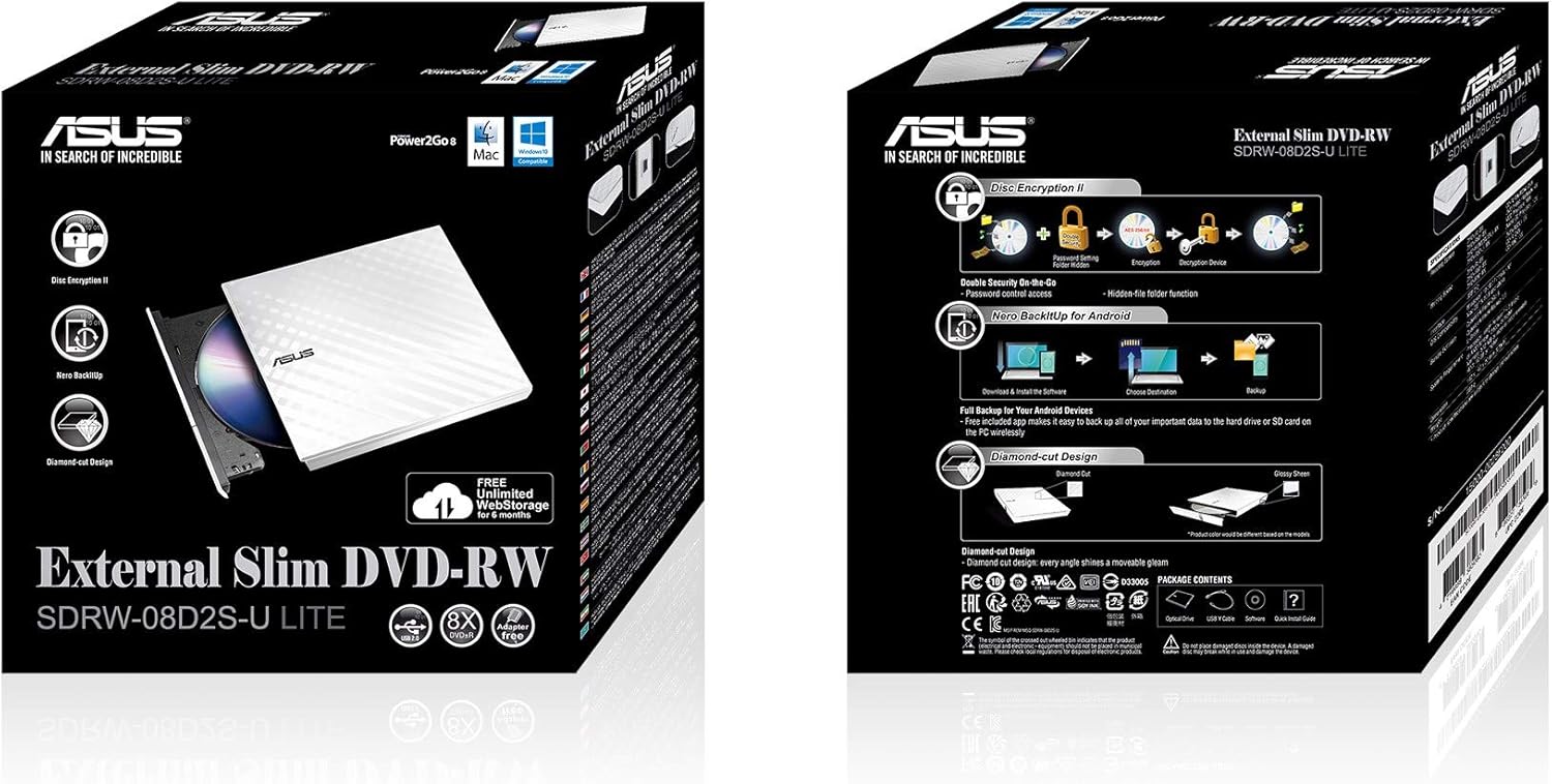 Asus SDRW-08D2S-U USB Bağlantılı Harici Ultra Slim DVD Yazıcı, Siyah