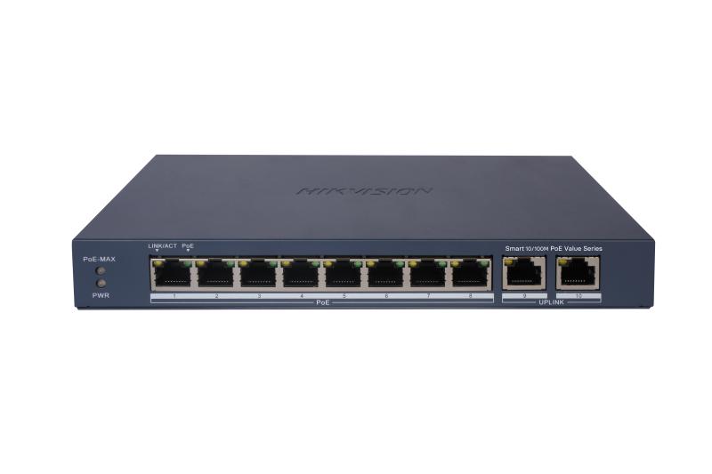 Hikvision DS-3E1310P-EI/M 8 Port Akıllı PoE Switch, 8× 10/100 Mbps PoE + 2× Gigabit RJ45 Uplink, 60W