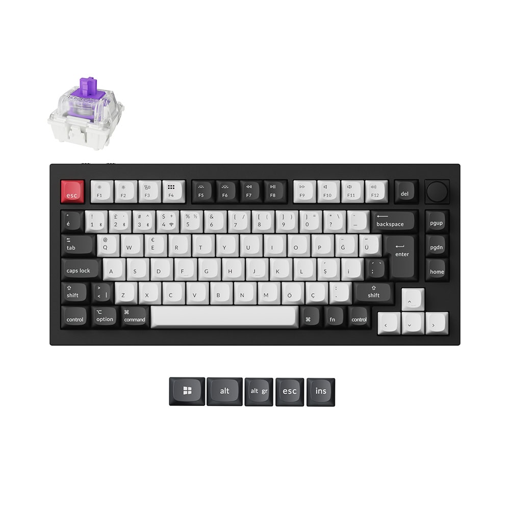 Keychron Q1H-M1-TR Q1 %75 RGB Manyetik Switch Kablosuz TR Gaming Klavye, Siyah Beyaz