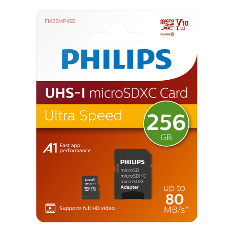 Philips FM25MP45B/00 256GB Micro SDXC UHS-I U1 Class 10 Hafıza Kartı 80MB/s SD Adaptörlü