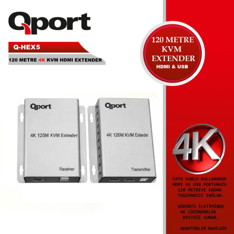 Qport Q-HEX5 KVM CAT6 120 Metre 4K HDMI Çoğaltıcı 2li Set Receiver Transmitter