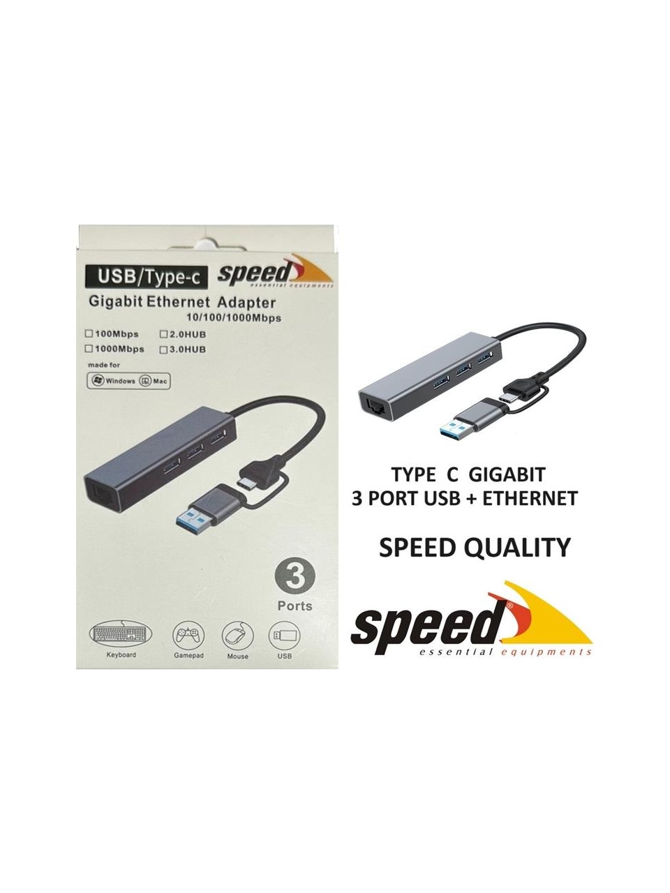 Speed SP-UET01 USB / Type-C 3 Port USB 3.0 Çoklayıcı Gigabit Ethernet Çevirici
