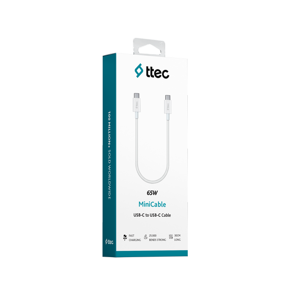 Ttec MiniCable 30cm Type-C to Type-C Hızlı Şarj Kablosu, Beyaz